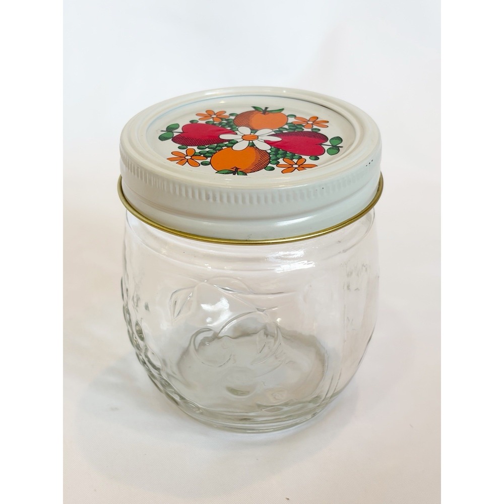 Vtg Kerr 8oz Embossed Glass Jam Jar Fruit Jelly Canning Graphic Decal Lid Retro